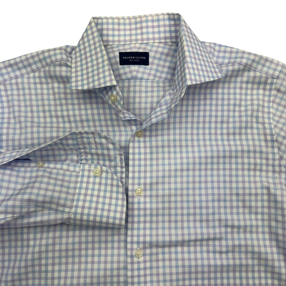 Proper Cloth Shirt Mens L 16 - 30 Blue Purple Gingham Check Dress Cotton Button